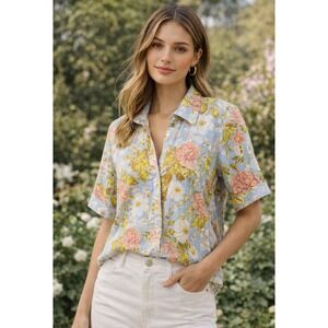 Joie Shirt Women XL Blue Floral Linen Short Sleeve Button Down Boho Lagenlook